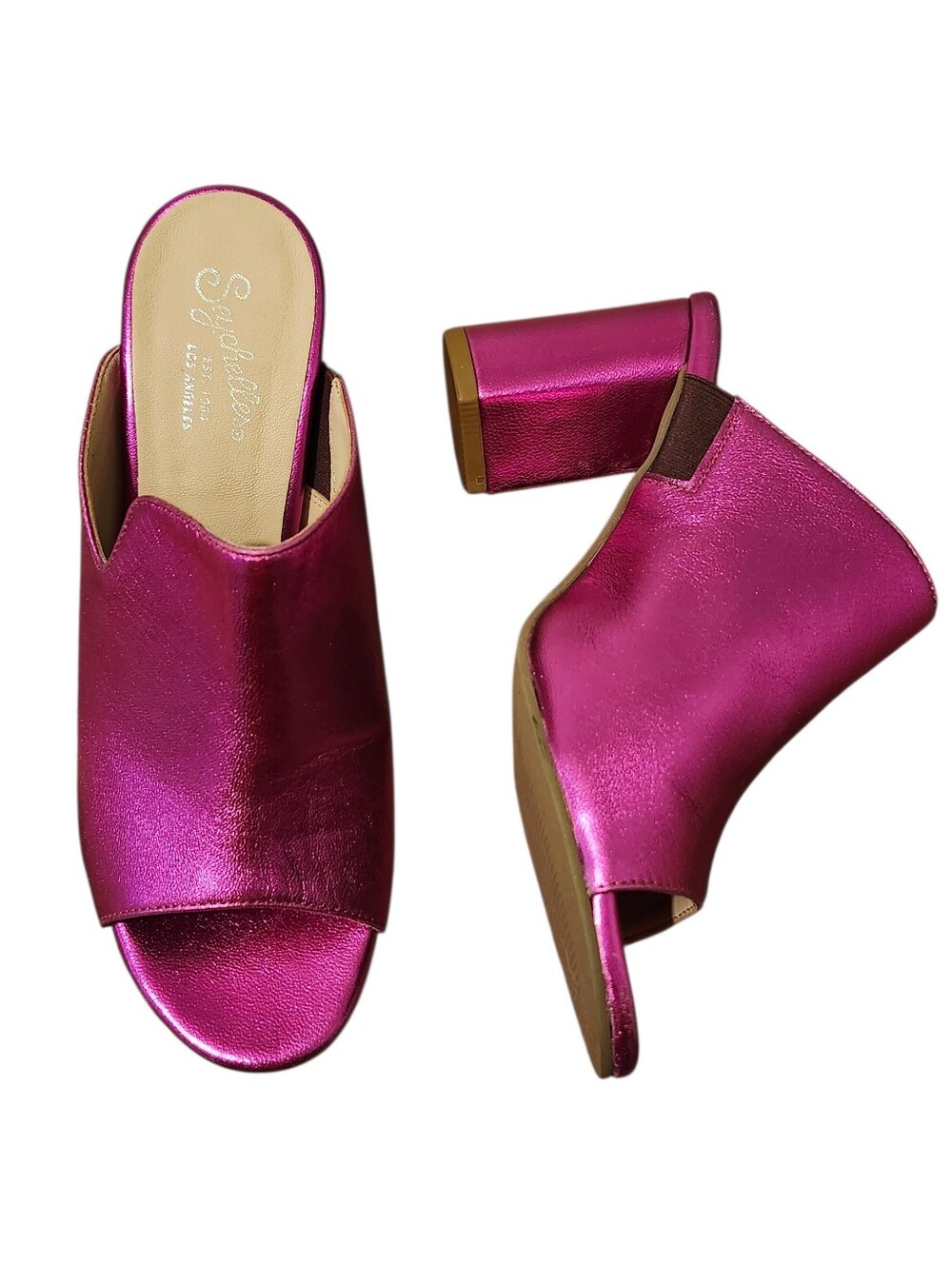 Seychelles Metallic Fuchsia Open-Toe Block Heel Mules - 8